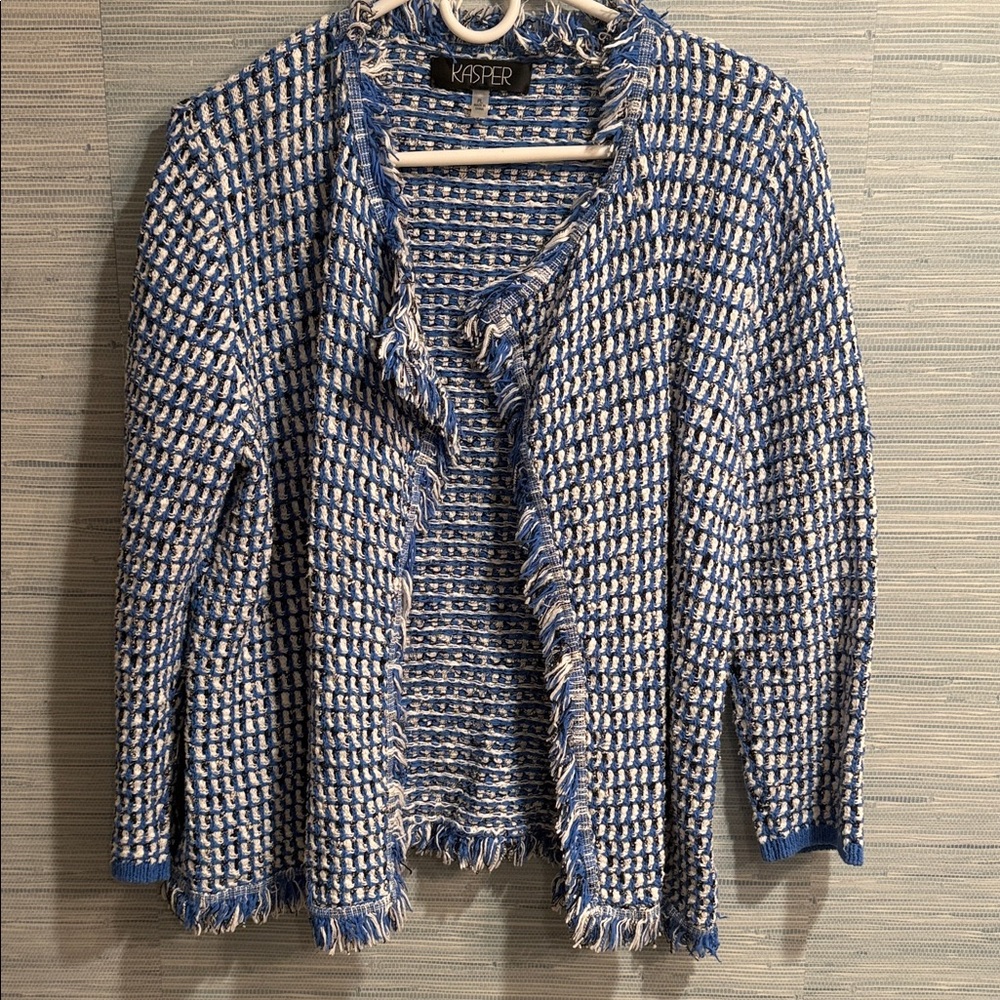 Kasper Women's Textured Knit Cardigan in Blue and Cream